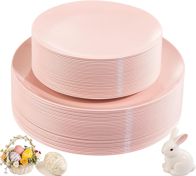 KIRE 60PCS Pink Plastic Plates Disposable - Heavy Duty Pink Plates for Party - Include 30Pieces 10.25inch for Dinner and 30Pieces 7.5inch for Dessert Salad