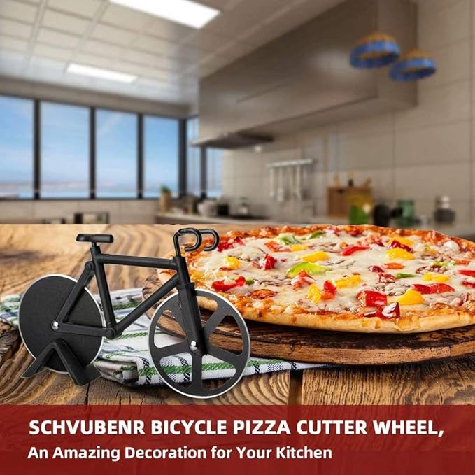Bicycle Pizza Cutter Wheel - Gifts for Cyclists, Men, Dad, Bike Lovers - Funny Kitchen Gadgets - Cool Father’s Day, Christmas, Birthday, White Elephant Gifts - Stainless Steel Pizza Slicer(Black)