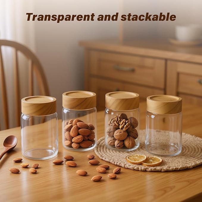 6pc 8 fl oz Glass Mason Jars with Acacia Wood Airtight Lids - Food Storage Container Set, Clear Stackable Leakproof Kitchen Canisters for Meal Prep/Snack Organization/Spice Storage