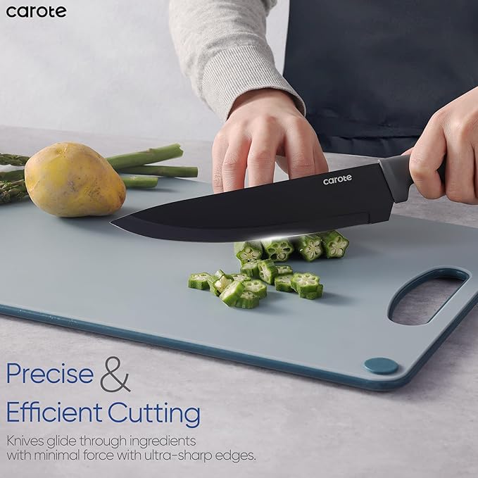 CAROTE 14Pcs Kitchen Knife Set, Stainless Steel knife set with ABS Block, Rustproof Cutlery with Ceramic Surface, 6 Steak Knives