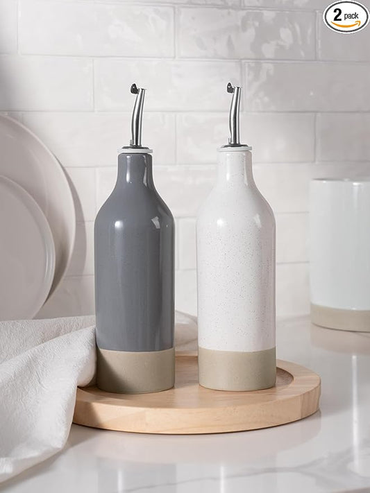 famiware Milkyway 16oz Ceramic Olive Oil Dispenser Bottle, Olive Oil and Vinegar Dispenser Bottle Set of 2 with Stainless Steel Pourers, Suitable for Storage Vinegar, Liquids, White and Dark Gray