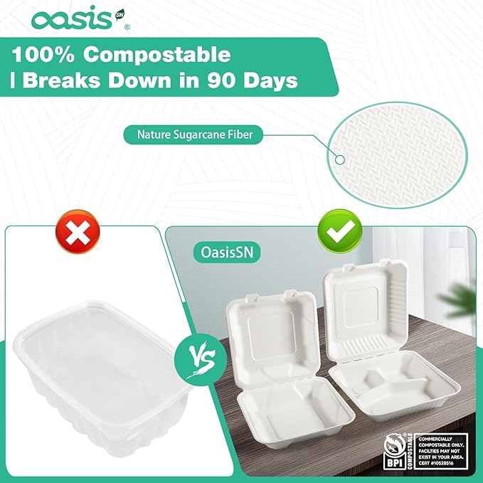 𝟴𝘅𝟴", 𝟲𝟴-𝗣𝗮𝗰𝗸 3-Compartment Clamshell Takeout Containers, 100% Compostable Heavy-Duty Disposable Paper Lunch Boxes(White)