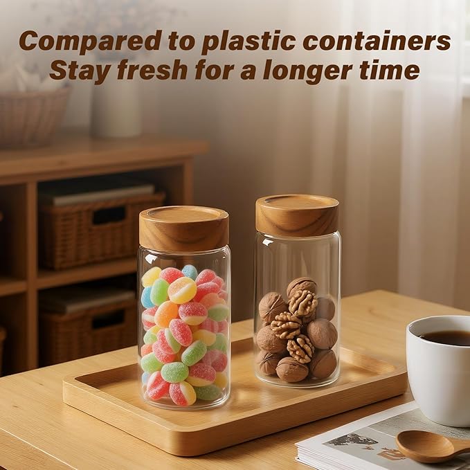 2-Pack 13 fl oz Glass Mason Jars with Acacia Wood Lids - Sealable, Leakproof, Clear & Stackable Food Storage Containers for Spices, Meal Prep, Flour, Sugar & Snack Storage