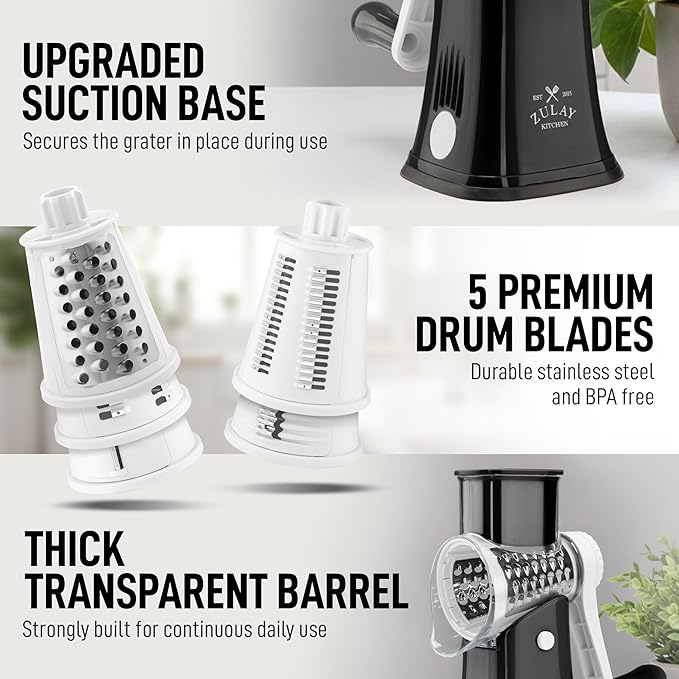Zulay Kitchen Rotary Cheese Grater 5 Blade Cheese Shredder - Manual Hand Crank Cheese Grater With Reinforced Suction & 5 Interchangeable Drums - Easy to Use, Vegetable Chopper Round Mandoline Slicer