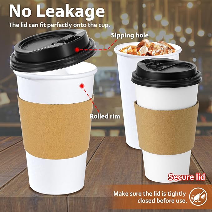 50 Pack 16 oz Disposable Coffee Cups with Lids and Insulated Sleeves, Leak-free Paper and Sturdy Thick Paper Hot to Go Coffee Cups with Lids for Cold/Hot Beverage (White)