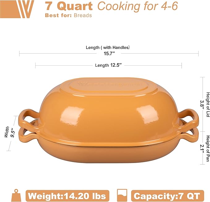 Enameled Cast Iron Sourdough Bread Oven, Dutch Oven, Loaf Cast Iron Bread Pan for Homemade Bread Baking, Meatloaf Pan with Lid, 7QT, Yellow