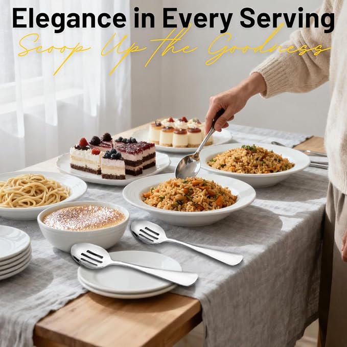 VIVANI 4-Piece Stainless Steel Buffet Serving Spoons Set, Include 2 Serving Spoons and 2 Slotted Spoons, Dishwasher Safe for Buffet, Catering and Party, 8.5 Inches