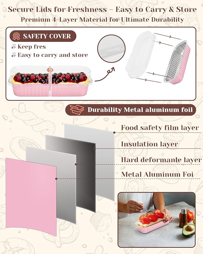 100 Pack Mini Cake Pans with Lids Spoons & 1 Piping Bag and Tips Set – 6.8oz Disposable Aluminum Foil Pink Mini Loaf Pans for Cake Tins, Baking, Gift & Parties