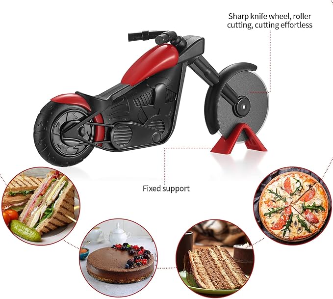 Motorcycle pizza cutter, stainless steel pizza cutter two wheels, novelty motorcycle-shaped pizza wheel cutting slicer with non-stick coating, suitable for kitchen gadgets accessories (motorcycle)