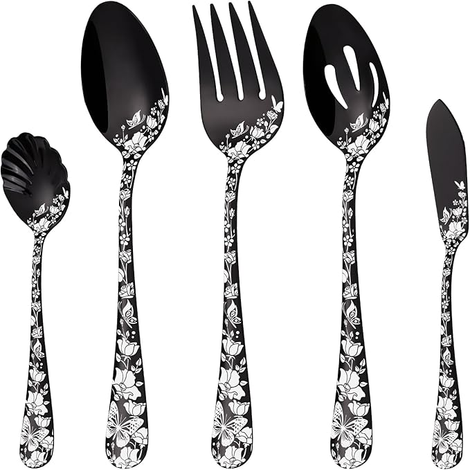 Stapava Serving Utensils Set Black, 5-Piece Large Hostess Set, Stainless Steel Flatware Serving Set, Ideal for Buffet Catering Party, Mirror Polished, Dishwasher Safe