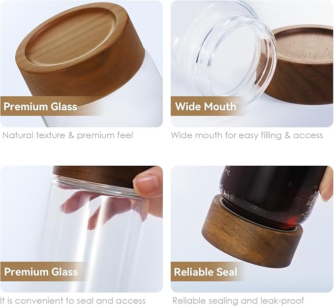 2-Pack 13 fl oz Glass Mason Jars with Acacia Wood Lids - Sealable, Leakproof, Clear & Stackable Food Storage Containers for Spices, Meal Prep, Flour, Sugar & Snack Storage