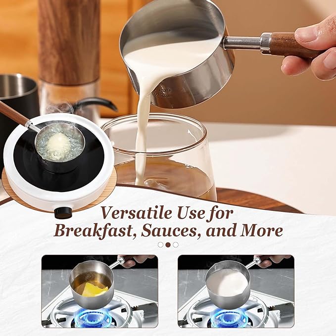 Mini Sauce Pan Cooking Pot with Wooden Handle, Stainless Steel Small Milk Pan and Butter Warmer, with pour spout,250ml