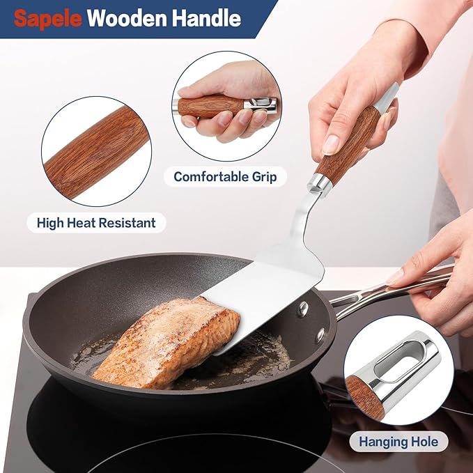 Stainless Steel Spatula Turner, Vayvnt Heavy Duty Metal Griddle Spatula for Cast Iron, Kitchen Flipper for Turning Serving, Beveled Edge & Wooden Handle, Great for Egg, Pancake, Fish, Cake, Burger