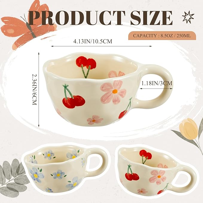 Vesici 2 Pcs Ceramic Coffee Mugs with Spoon, Vintage Floral Spring Mugs with Handle, 8.5 oz Aesthetic Flower Porcelain Tea Cup Set, Dishwasher & Microwave Safe for Home Office Gift(Lovely)