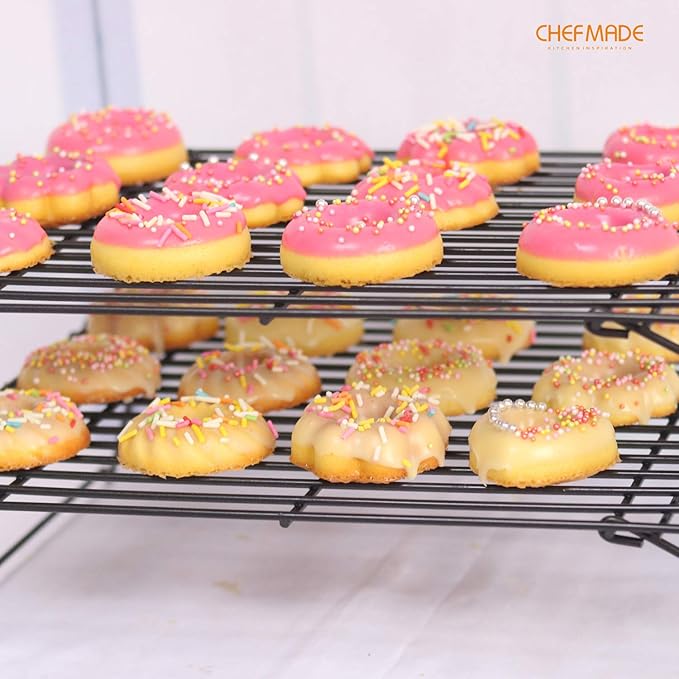 CHEFMADE Baking and Cooling Rack Set, 13.5-Inch 3-Tier Non-Stick Stackable Collapsible Rectangle Wire Rack for Oven Baking (Black)