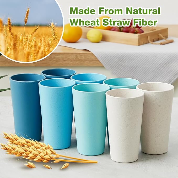 Wheat Straw Cups Set of 8, 20 oz Unbreakable Drinking, Chip Resistant, Reusable Water Set, Large for Kitchen, Camping, BPA Free Cups, Dishwasher & Microwave Safe Tumbler