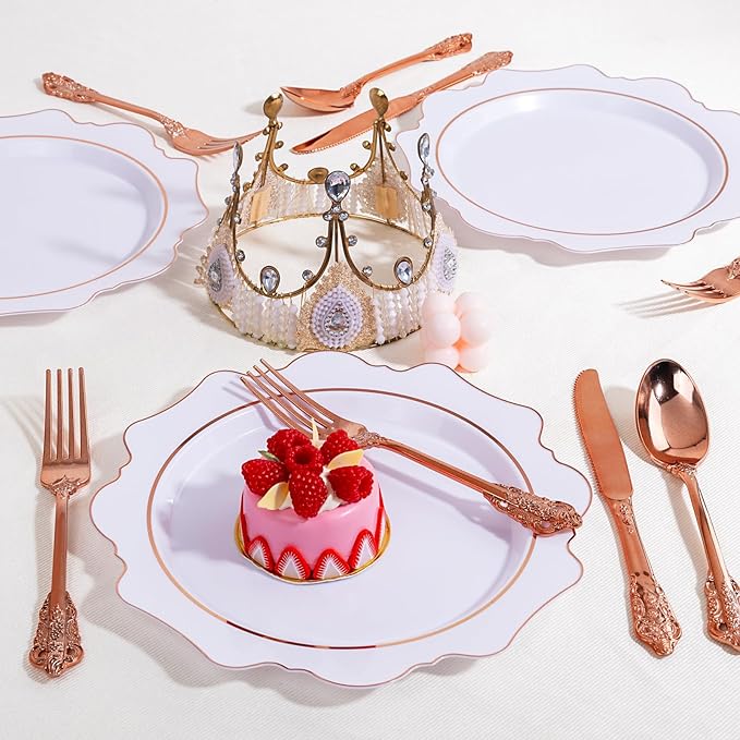 WDF 120Pieces Rose Gold Plastic Silverware - Heavy Duty Rose Gold Plastic Cutlery Set - Disposable Utensils - Flatware Includes 40 Forks, 40 Spoons, 40 Knives for Wedding Party Birthday