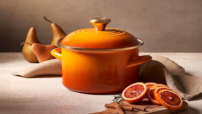 Le Creuset Enamel on Steel Traditional Petite Stockpot, 3.8 qt., Persimmon with Gold Accents