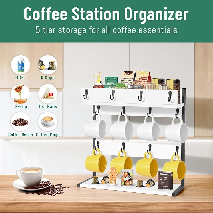 Coffee Mug Rack Holder Wall Mount – 2 Tier Mug Rack Stand with Storage Base for 12 Cups for Kitchen, Dining Room Counter Organizer, Coffee Bar Decor Accessories