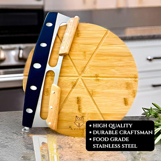 14" Dual-Grip Pizza Cutter Rocker Board Set | Bamboo Pizza Cutting Board with Pizza Rocker Knife Slicer | Pizza Serving Board | Pizza Cutter Rocker Blade | Best Pizza Accessories Gift Set