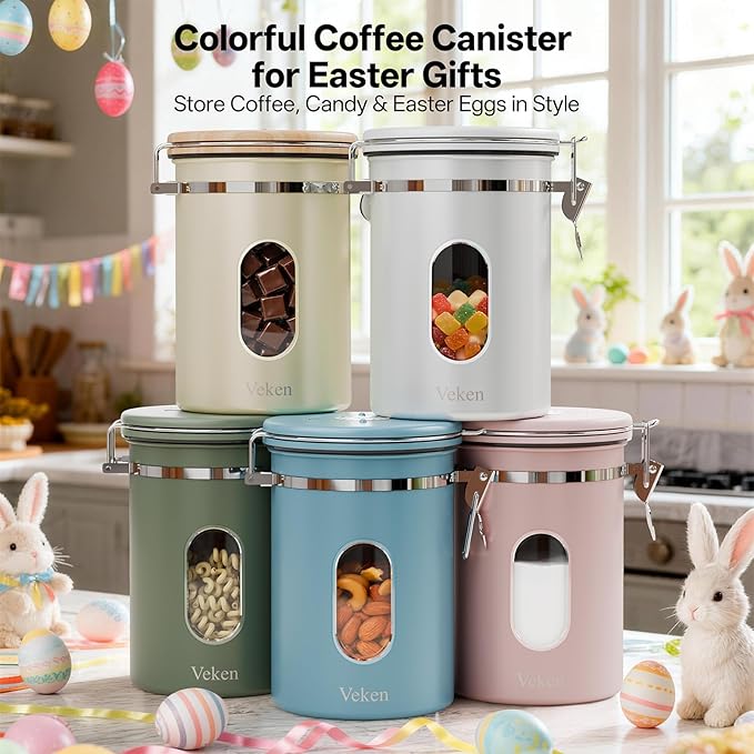Veken Coffee Canister with Window, Easter Gifts Airtight Stainless Steel Container with Lids, Home Kitchen Food Storage Jars for Grounds, Beans, Tea, Flour, Cereal, Sugar, Basket, Scoop, 22OZ, Blue
