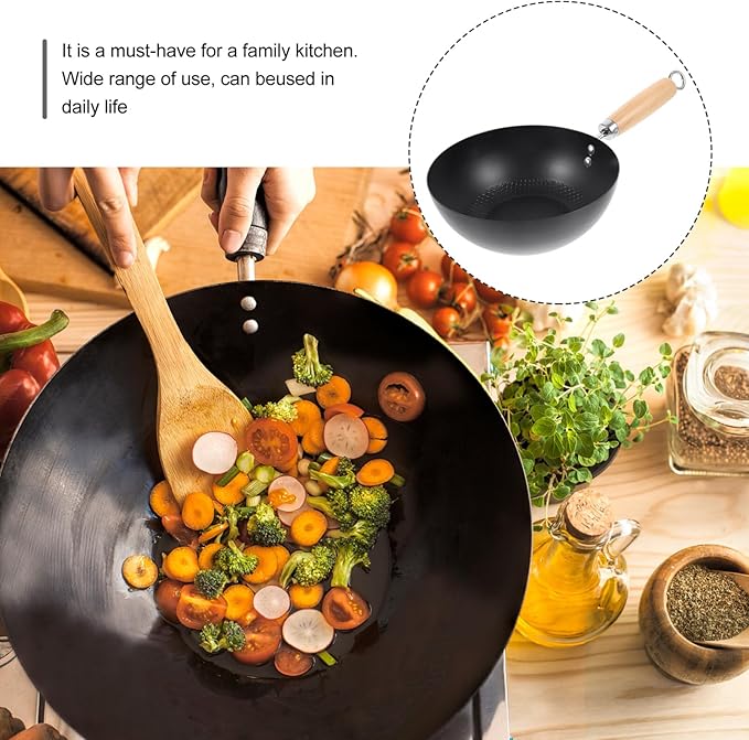 ABOOFAN Small Wok 14.56 Inch Japanese Iron Non-Stick Cooking Pot Flat Bottom Gas Stove Frying Pan for Home Kitchen