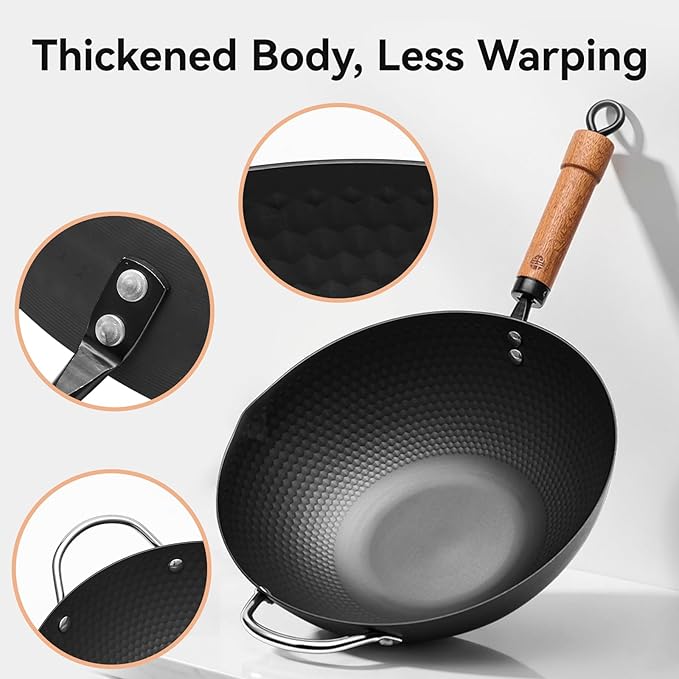 WANGYUANJI Flat Bottom Wok Pan, 12.6 Inch Carbon Steel Stir Fry Pan with Lid, Uncoated Heavy Duty Iron Woks for Cooking, Compatible with Induction Gas Electric Stovetops, Deep Frying Skillet Cookware