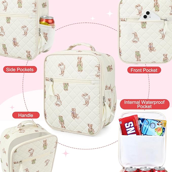 Aileam Lunch Box Lunch Bag for Women Cute Girls Insulated Womens Lunch Bag For Work Quilted Large Capacity Reusable Insulated Cooler for Work School Picnic Travel Bear Cub Print