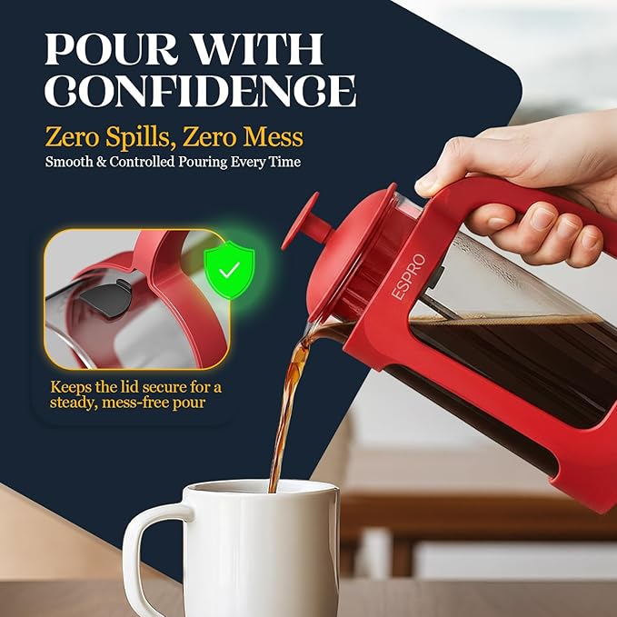 ESPRO P3 French Press Coffee Maker – Patented Double Micro-Filter for Grit-Free Brew, Heat Resistant thicker Borosilicate Glass Coffee press – (Red 32 oz)
