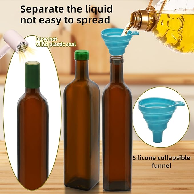 2Pcs 25 oz Olive Oil Dispenser Bottle,750 ml Glass Oil and Vinegar Dispenser Set with Pourers and Funnel ，Oil Bottles for Kitchen Large capacity oil bottles (Brown 2pcs)