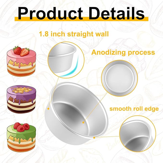 4 Inch Cake Pan, Anodized Aluminum Baking Round Cake Pans Tins Bakeware, Mini Cake Pans for Birthday Wedding, Mirror Finish, Easy Releasing, Set of 3