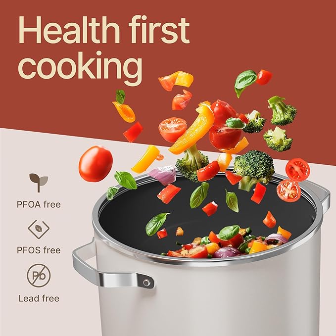 Bakken 8.5 Quart Ceramic Coated Stock Pot with Lid, Easy Clean Nonstick Pot, Tempered Glass Lid, Riveted Stainless Steel Handles, Oven Safe Up To 500°F, PTFE & PFAS Free, All Stove Compatible, Cream