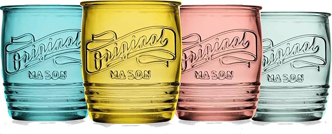 Glaver's Set Of 4 Original Mason Collins Glasses Assorted Colored Drinking Glasses For Juice Smoothies Cocktails Fine Beverage Glass Cups (Original Mason Whiskey Colored 13 OZ.)