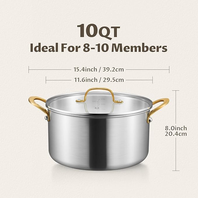 BEZIA 10 Quart 3-Ply Stainless Steel Stockpot, Soup Pot with Lid in Fully Clad Tri-Ply Stainless Steel, Even Heat Distribution, Cooking Pot with Handles, All Cooktops Compatible, Perfect for Stew
