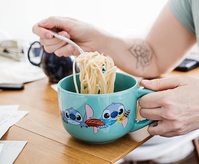 Silver Buffalo Disney Lilo and Stitch Aloha Various Faces Ceramic Soup Mug with Vented Plastic Lid, 24 Ounces