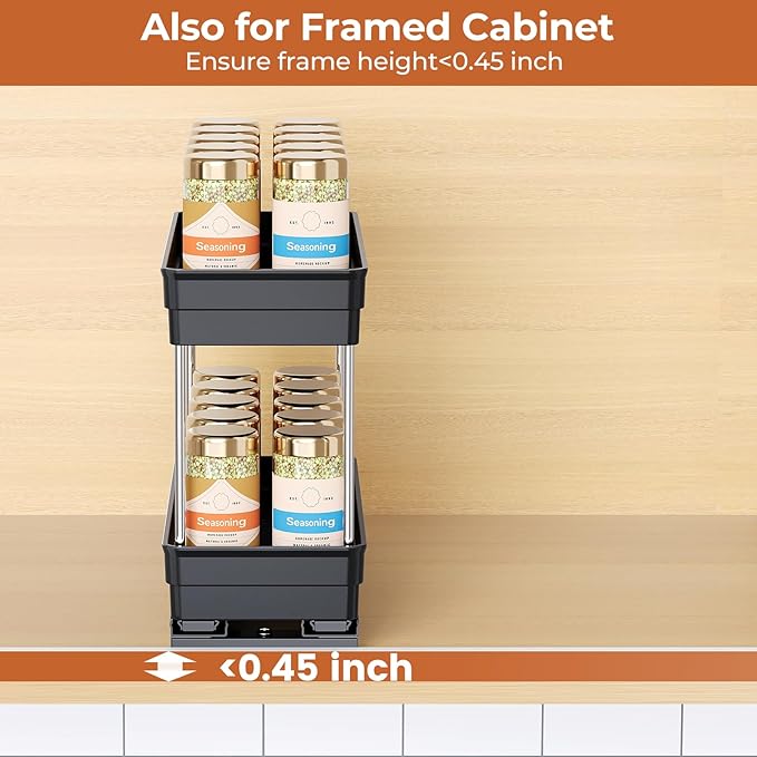 Pull Out Spice Rack Organizer for Cabinet, Slide Out Spice Racks Organizer, Easy to Install Spice Cabinet Organizers, 4.33''Wx10.62''Dx8.66''H, 2 Packs-2 Tiers(Black)