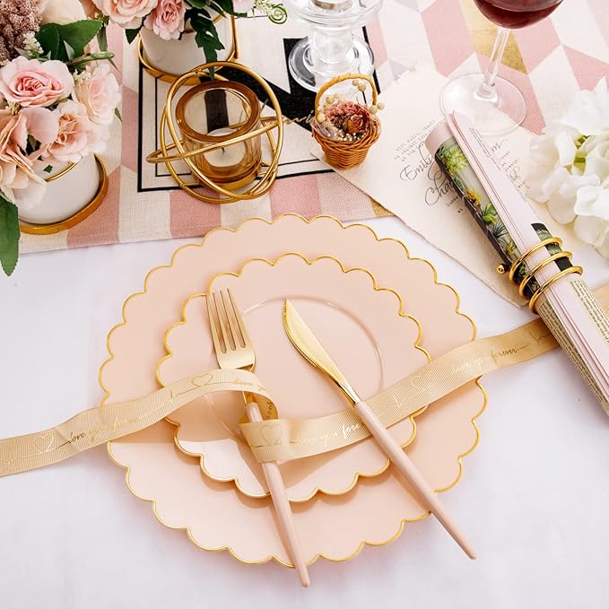 LIYH 60 Pcs Pink Plastic Plates with Gold Pink Plates Disposable Plate Includes 30 Dinner 10.25" and 30 Dessert Plate 7.5" for Easter,Baby Shower,Weddings,Parties,Birthday