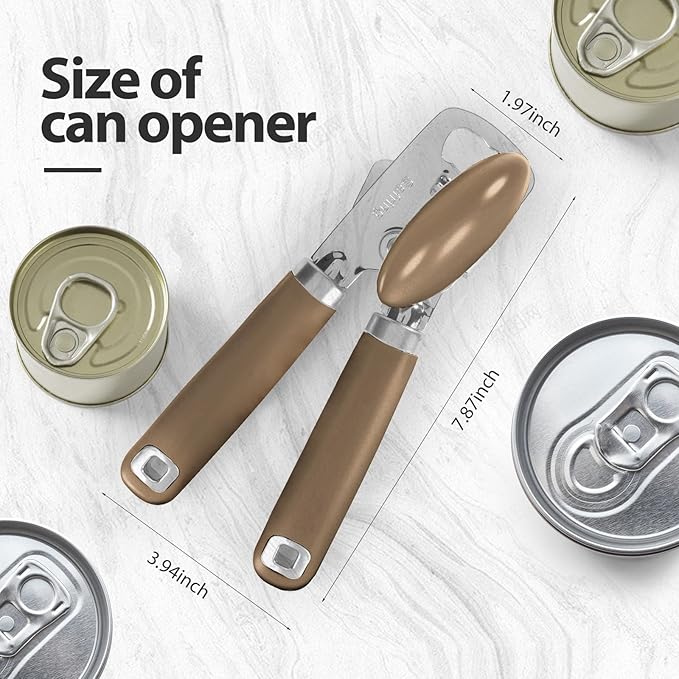 Can Opener Manual, Heavy Duty Stainless Steel Smooth Edge Can Opener With Soft Touch Handle, Oversized Handheld Easy Turn Knob, Multi-Function Bottle Opener, Coffee