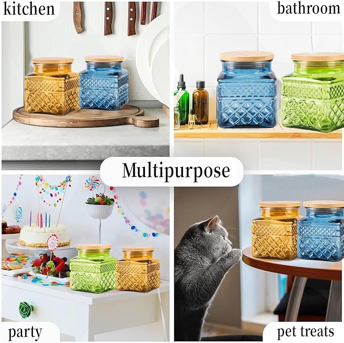 Glass Storage Jar Set of 2, Thick Glass Candy Jar for Coffee Bean, Cocoa Powder,Dog treats, Snacks Decorative Square Glass Jars with Airtight Lids, for Coffee Bar Kitchen Party Counter 20.3 FL OZ