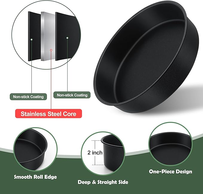 E-far 9.5 Inch Cake Pan Set of 3, Nonstick Round Baking Layer Cake Pans, Stainless Steel Core & Non-Toxic Coating, 2 Inch Deep (Black)