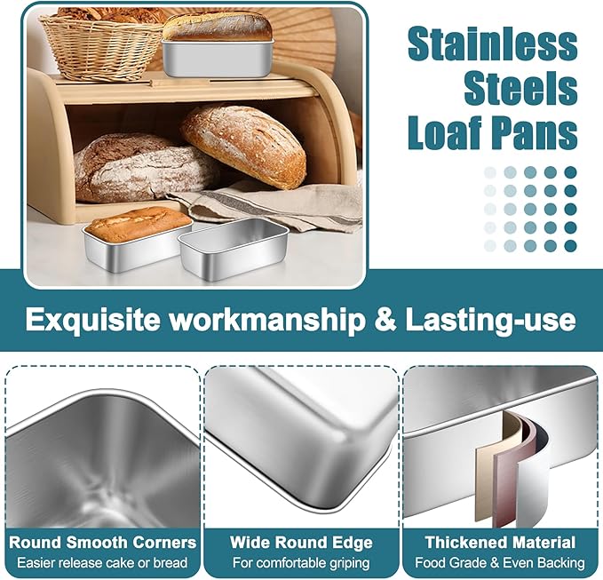 P&P CHEF Mini Loaf Pans Set, 6 PCS Small Bread Loaf Pan for Baking, 6.3 x 3.5 Inch Stainless Steel Baking Pans for Homemade Bread, Meatloaf, Cake and Brownies, Healthy & Non Toxic, Dishwasher Safe