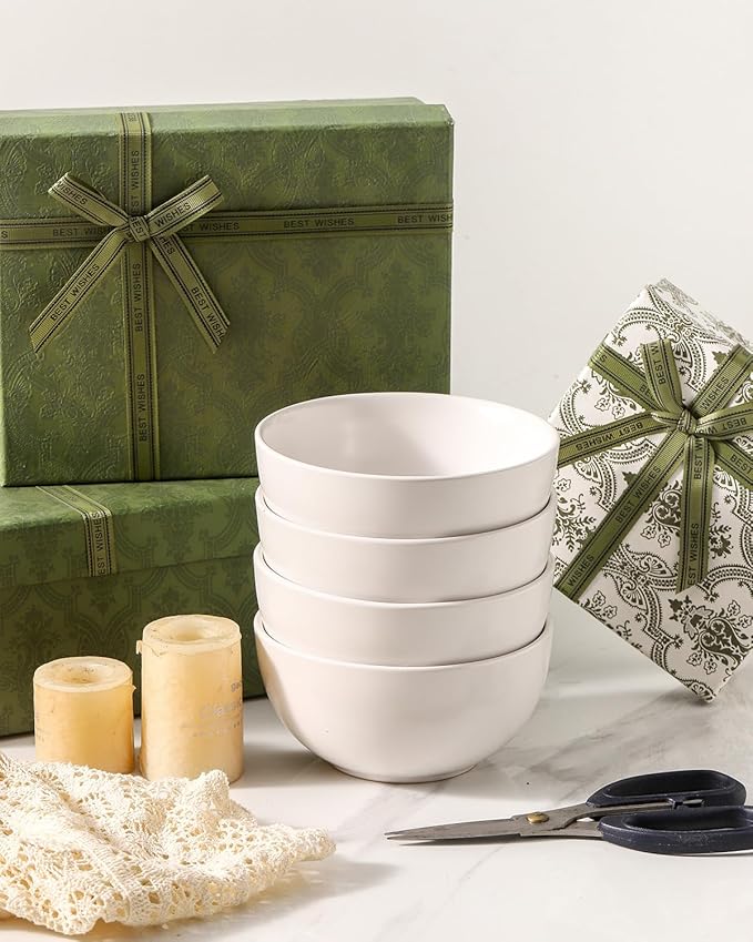 Cereal Bowls Set of 4, 24 oz Bowls for Kitchen, Ceramic Bowls for Salad, Fruit, Breakfast, Dessert, Stoneware Soup Bowls, Dishwasher & Microwave Safe, Matte White