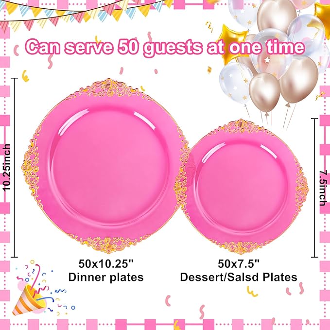 102PCS Clear Hot Pink Plastic Plates - Pink Disposable Plate with Gold Rim - Hot Pink Party Plates Easter Include 51PCS 7.5inch Dessert & 10.25inch Dinner Plate for Wedding Birthday Party