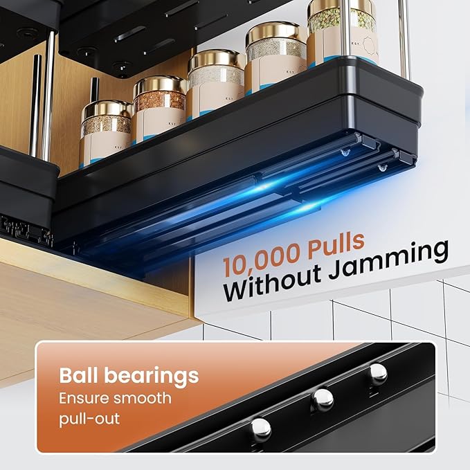 Pull Out Spice Rack Organizer for Cabinet, Slide Out Spice Racks Organizer, Easy to Install Spice Cabinet Organizers, 2.3''Wx10.66''Dx8.11''H, 3 Packs - 2 Tiers (Black)