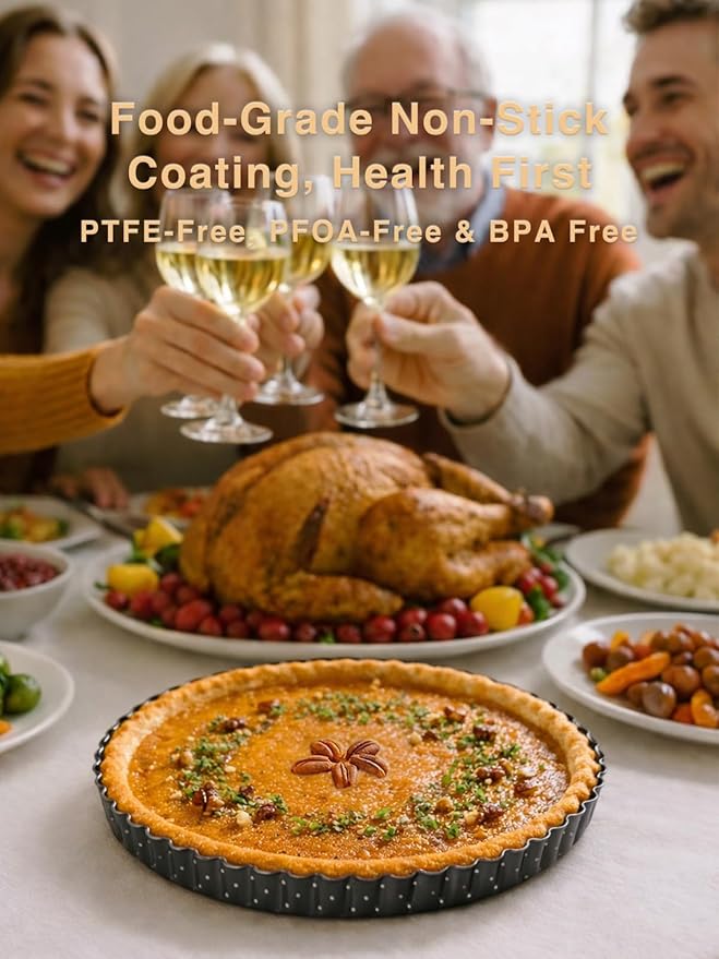 9 Inch Perforated Tart Pan for Crispy Crust w/Cake Server. Removable Bottom, Non-Stick Coating, Rugged Carbon Steel for Tart Quiche Pie Baking. Gift for Christmas Thanksgiving Party