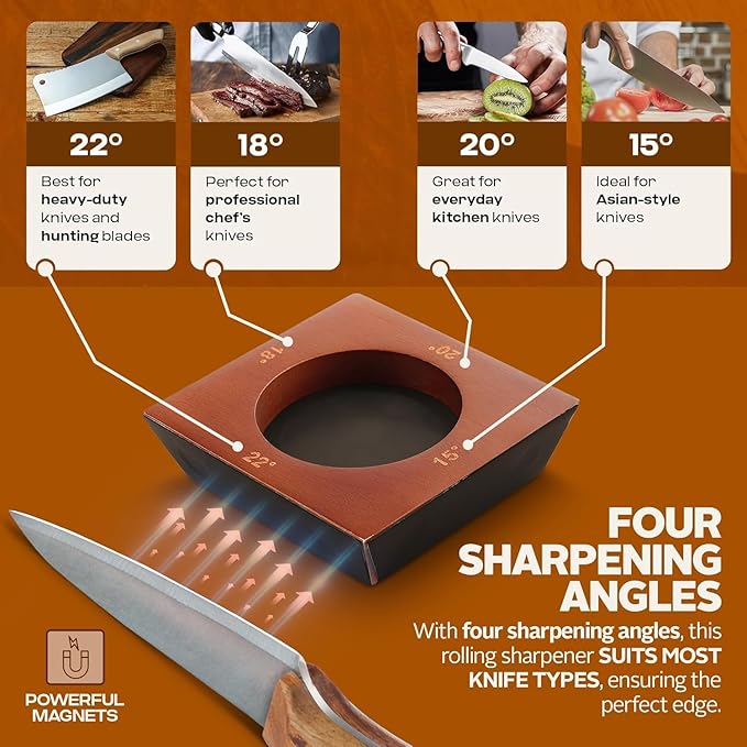 High Carbon Stainless Steel 4 Angles Rolling Knife Sharpener with 400, 1000 & 3000 Replacement Discs | Blunt Knife Sharpening Kit with 15°, 18°, 20°, and 22° Sharpening for Kitchen & Chef's Knives