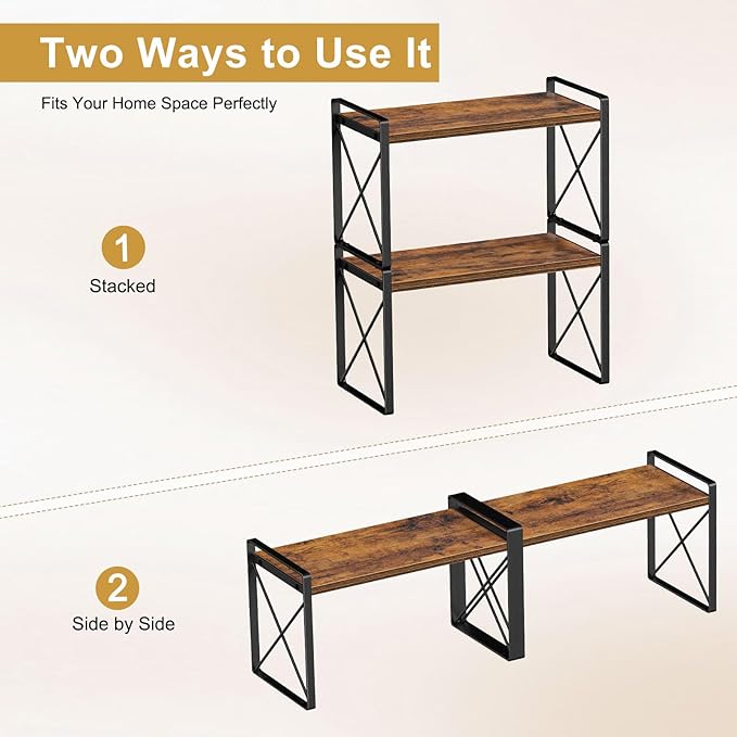 Giikin Kitchen Countertop Organizer, Set of 2 Kitchen Counter Shelf, Spice Rack Riser Shelf for Cabinet Desk Counter (7.8" D x 15.7" W x 18.8" H, Rustic Brown)