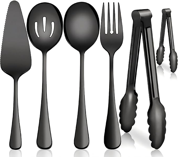 Serving Utensils, XEVOM 6-Piece Stainless Steel Serving Utensil Set Include Serving Spoon, Slotted Serving Spoon, Serving Fork,Serving Tong, Appetizers Tong,Pie Server(Black)