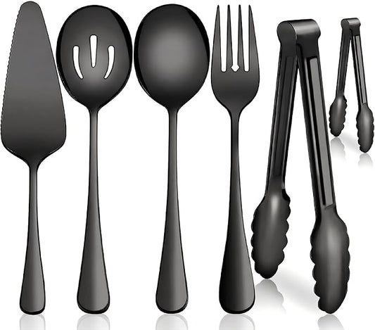Serving Utensils, XEVOM 6-Piece Stainless Steel Serving Utensil Set Include Serving Spoon, Slotted Serving Spoon, Serving Fork,Serving Tong, Appetizers Tong,Pie Server(Black)