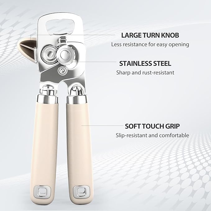 Can Opener Manual, Heavy Duty Stainless Steel Smooth Edge Can Openers With Soft Touch Handle, Oversized Handheld Easy Turn Knob, Multi-Function Bottle Opener, Beige